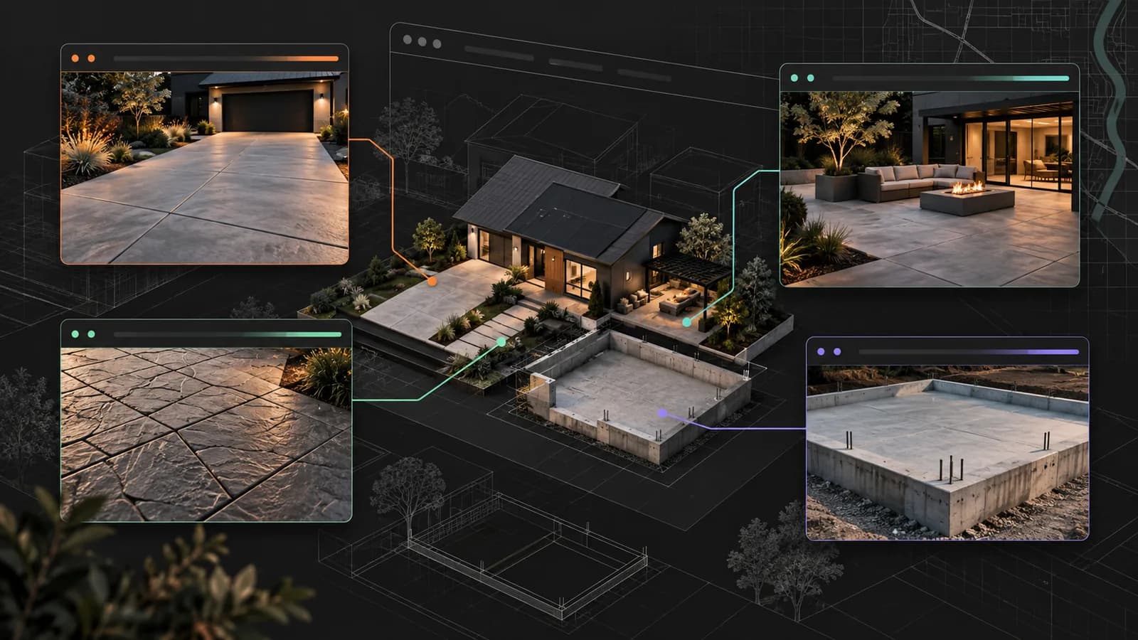 Illustrative concrete contractor website system connecting driveway, patio, stamped-concrete, and foundation service visuals around a central property plan.