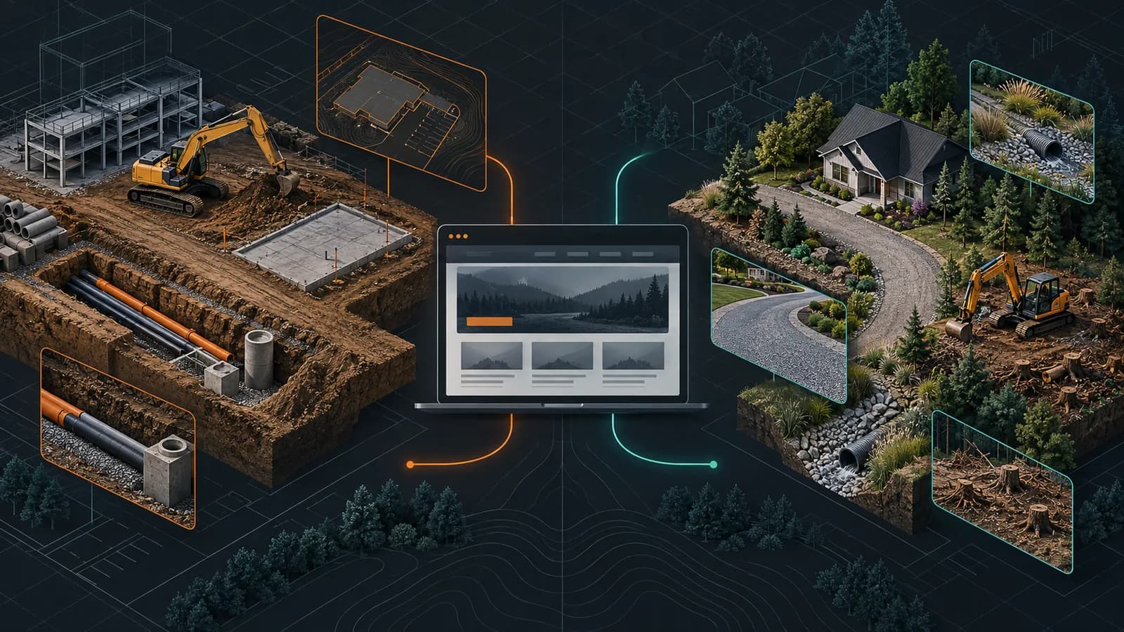 Illustrative excavation contractor website connecting commercial site work and utilities with residential drainage, clearing, and grading service paths.