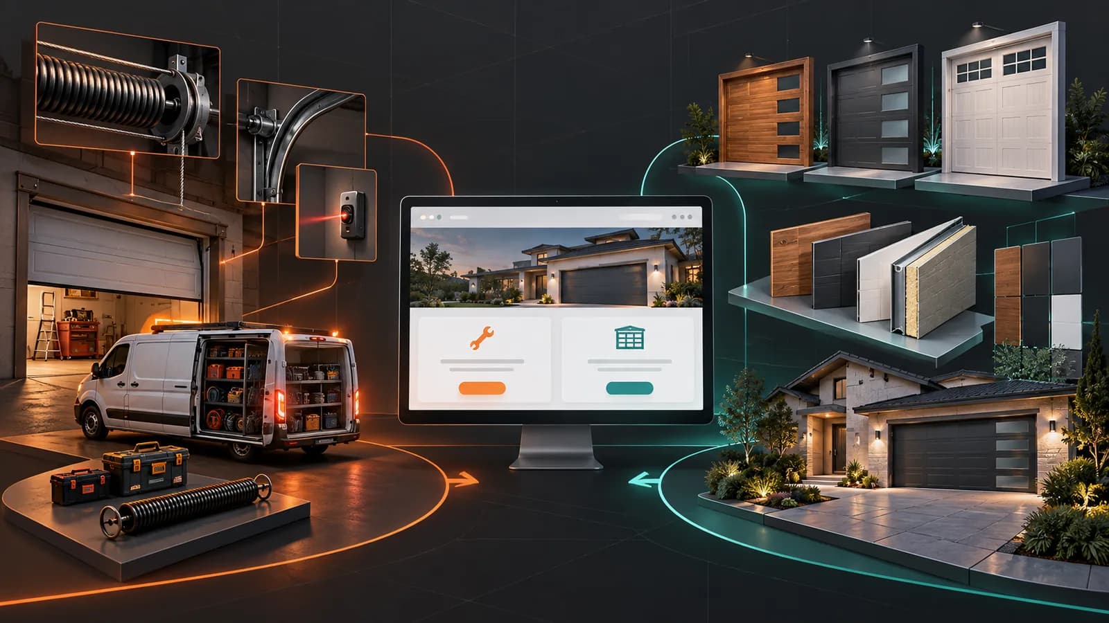 Illustrative garage door company website separating urgent repair needs from planned replacement, materials, and door-style exploration.