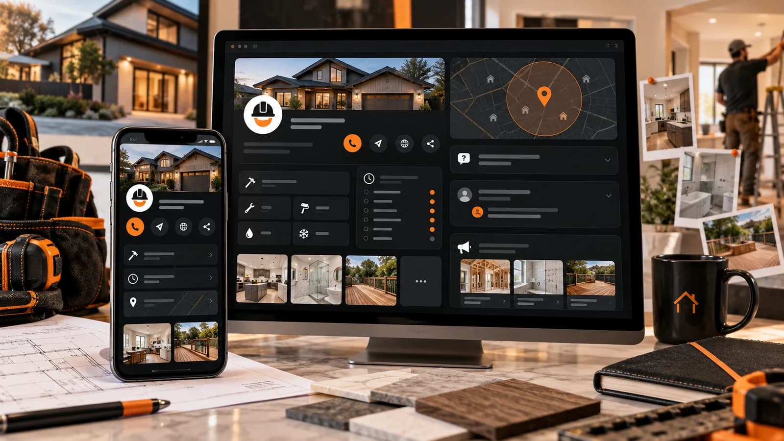 Illustrative contractor business profile workspace showing identity, categories, hours, service area, project photos, questions, responses, updates, and contact actions without business data.