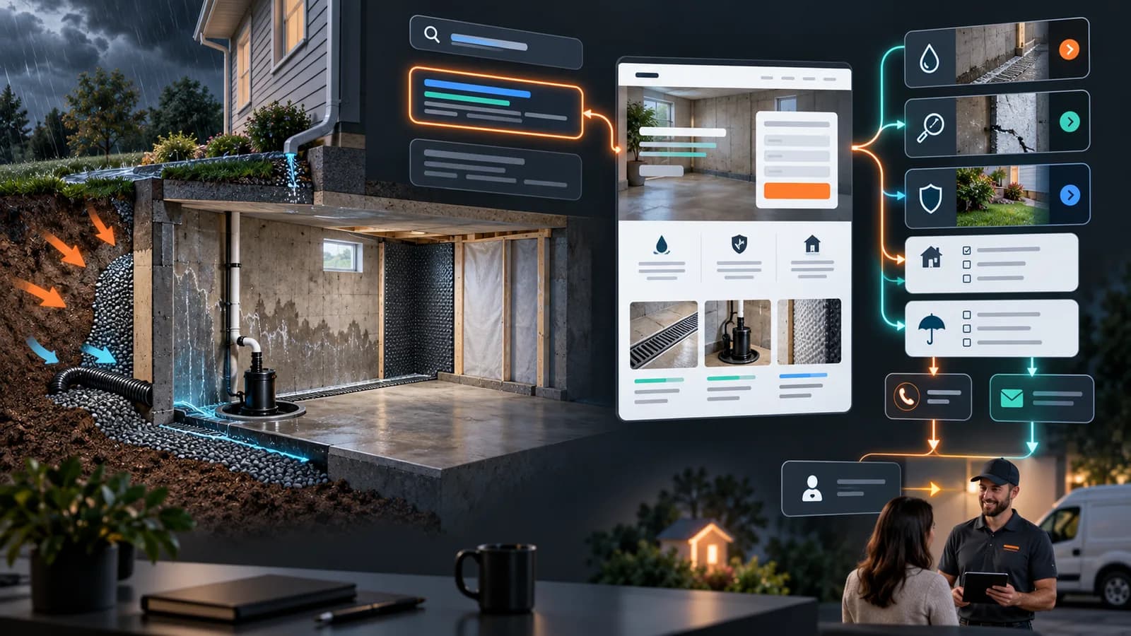 Illustrative basement waterproofing paid-search system connecting drainage, sump equipment, exterior grading, service information, qualifying questions, and call and form routes.