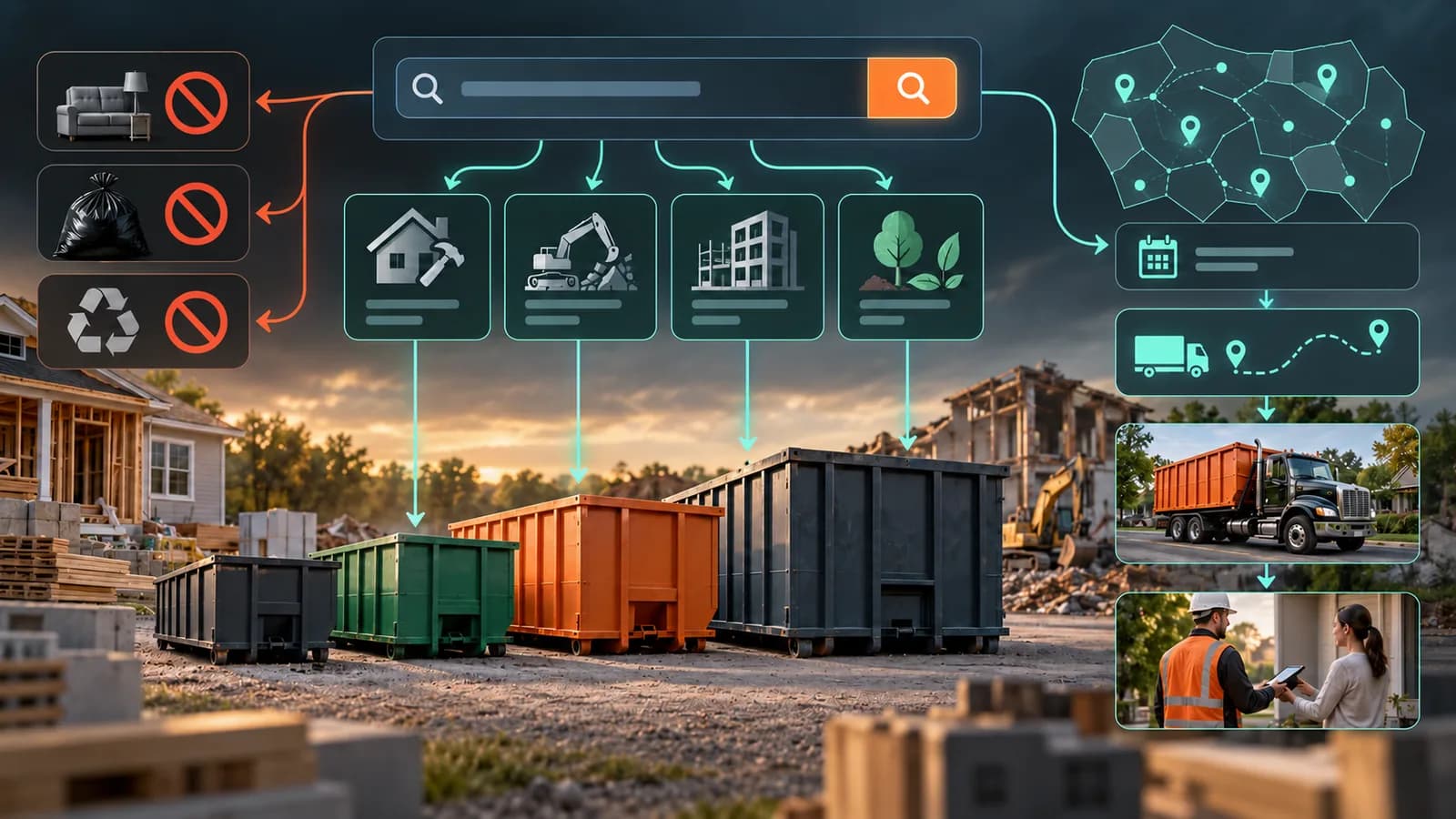 Illustrative dumpster rental paid-search system separating project and rental intent from mismatched searches, then connecting container sizes, fictional coverage, delivery, and inquiry handling.