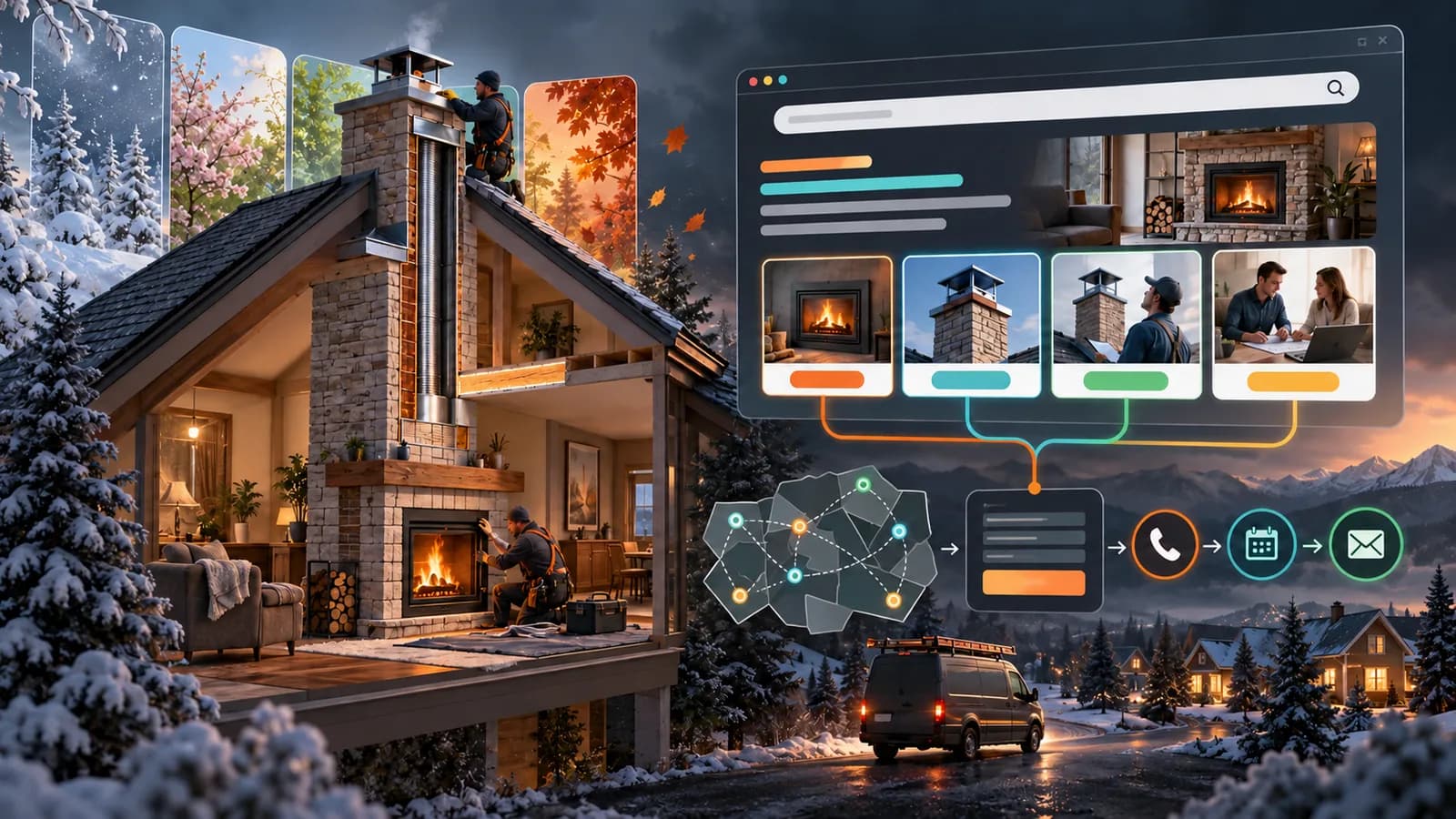 Illustrative fireplace and chimney paid-search system connecting installation services, seasonal planning, a fictional service area, consultation paths, and inquiry routing.