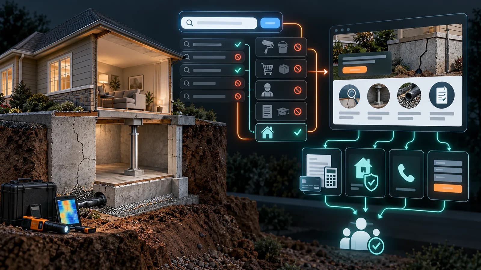 Illustrative foundation repair paid-search system connecting structural inspection, drainage, support components, search-intent filtering, financing information, and inquiry qualification.