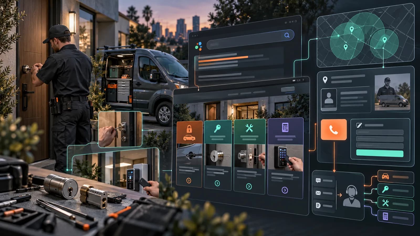 Illustrative locksmith paid-search system connecting lockout, rekey, repair, and access-control services with transparent information, fictional coverage, and inquiry triage.