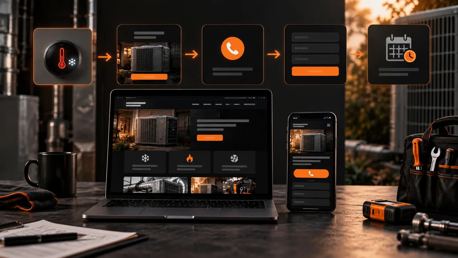 Illustrative HVAC website inquiry journey connecting an urgent service need, service-fit page, visible call option, qualified inquiry, and scheduling handoff.
