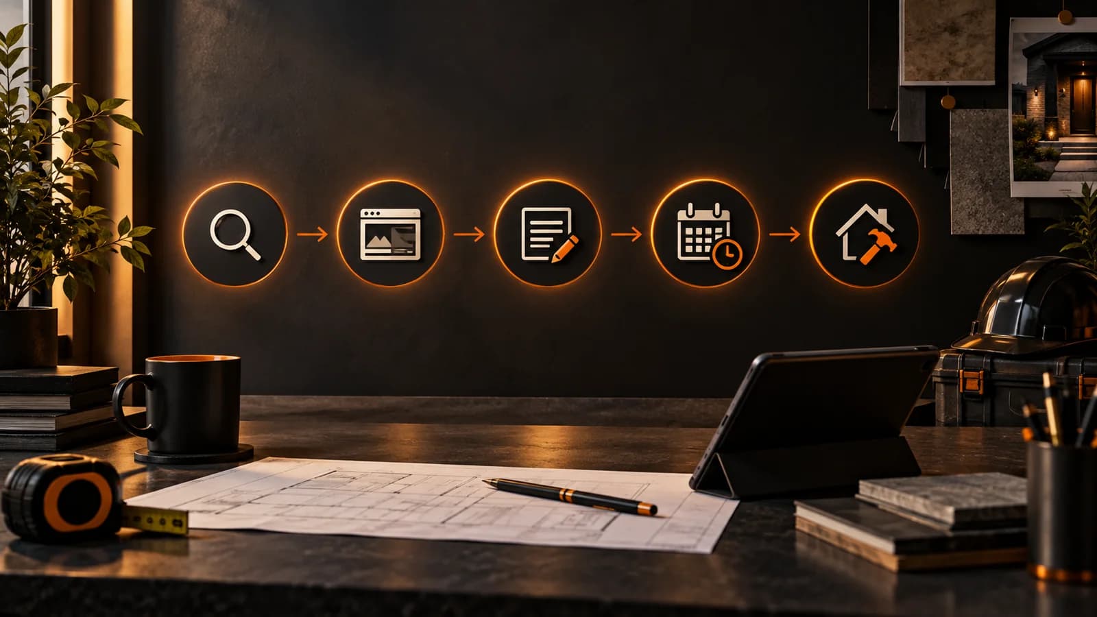 Illustrative contractor SEO measurement journey connecting search discovery, website content, qualified inquiry, booked appointment, and paid work without performance figures.