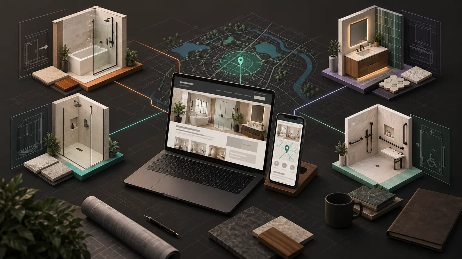 Illustrative bathroom remodeling local marketing system connecting project types, material details, a contractor website, and fictional service-area mapping.