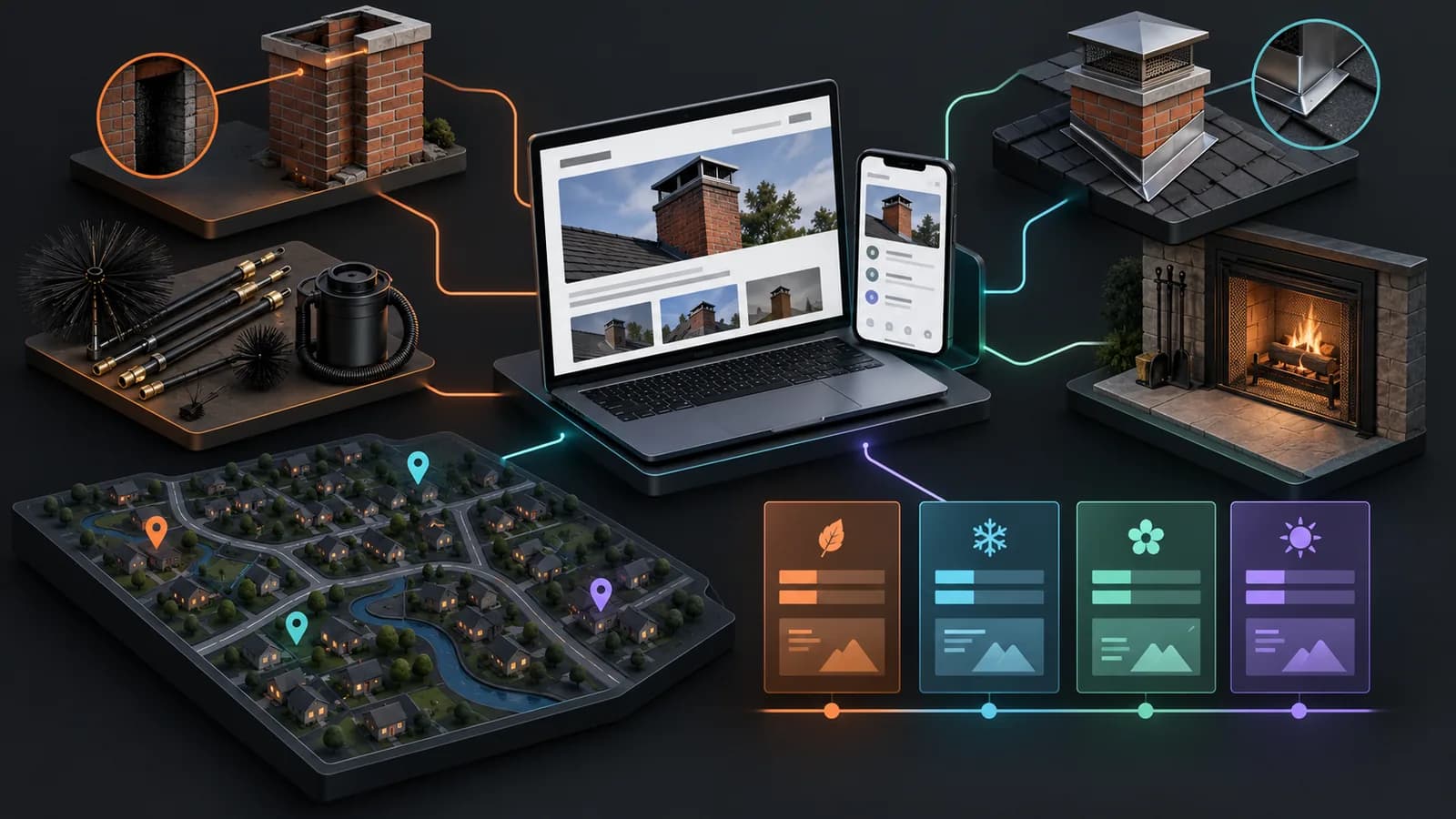 Illustrative chimney sweep local marketing system connecting inspection, sweeping tools, cap and flashing details, fireplace safety, seasonal content, and fictional service areas.