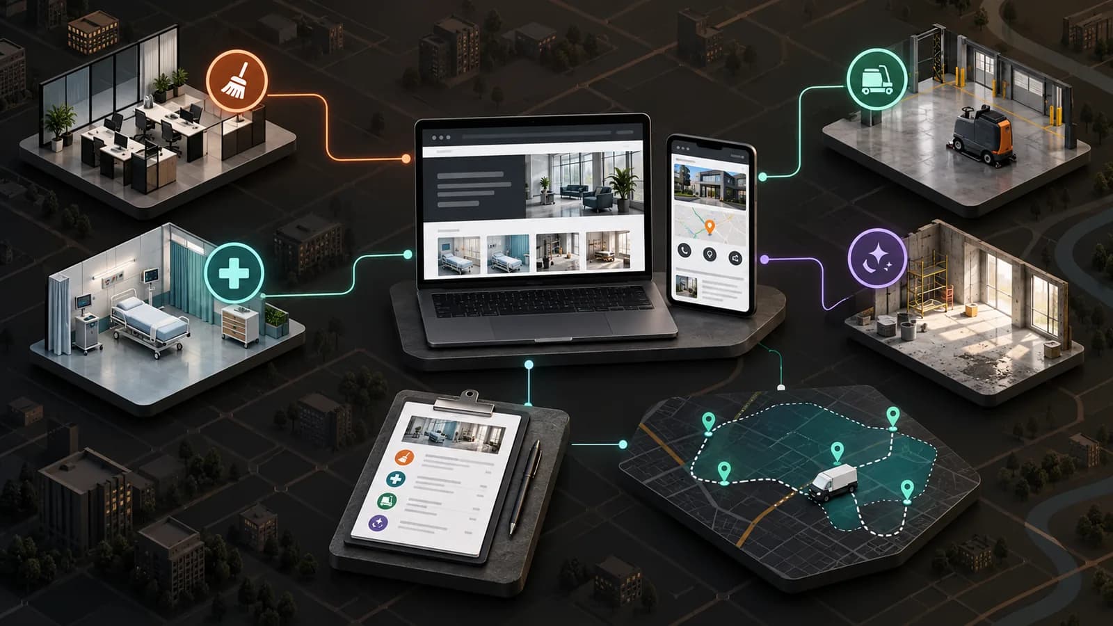 Illustrative commercial cleaning local marketing system connecting office, medical, industrial, and post-construction services with a website and fictional routes.