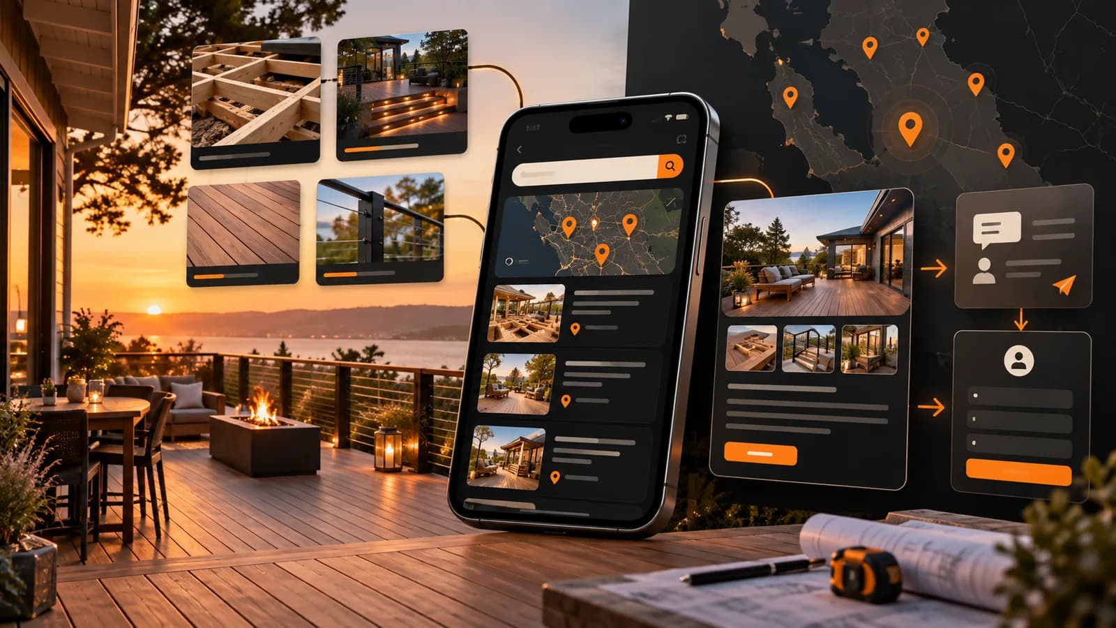 Illustrative deck builder local search workflow combining project photos, service-area mapping, mobile search, project pages, neutral review requests, and inquiry handling.