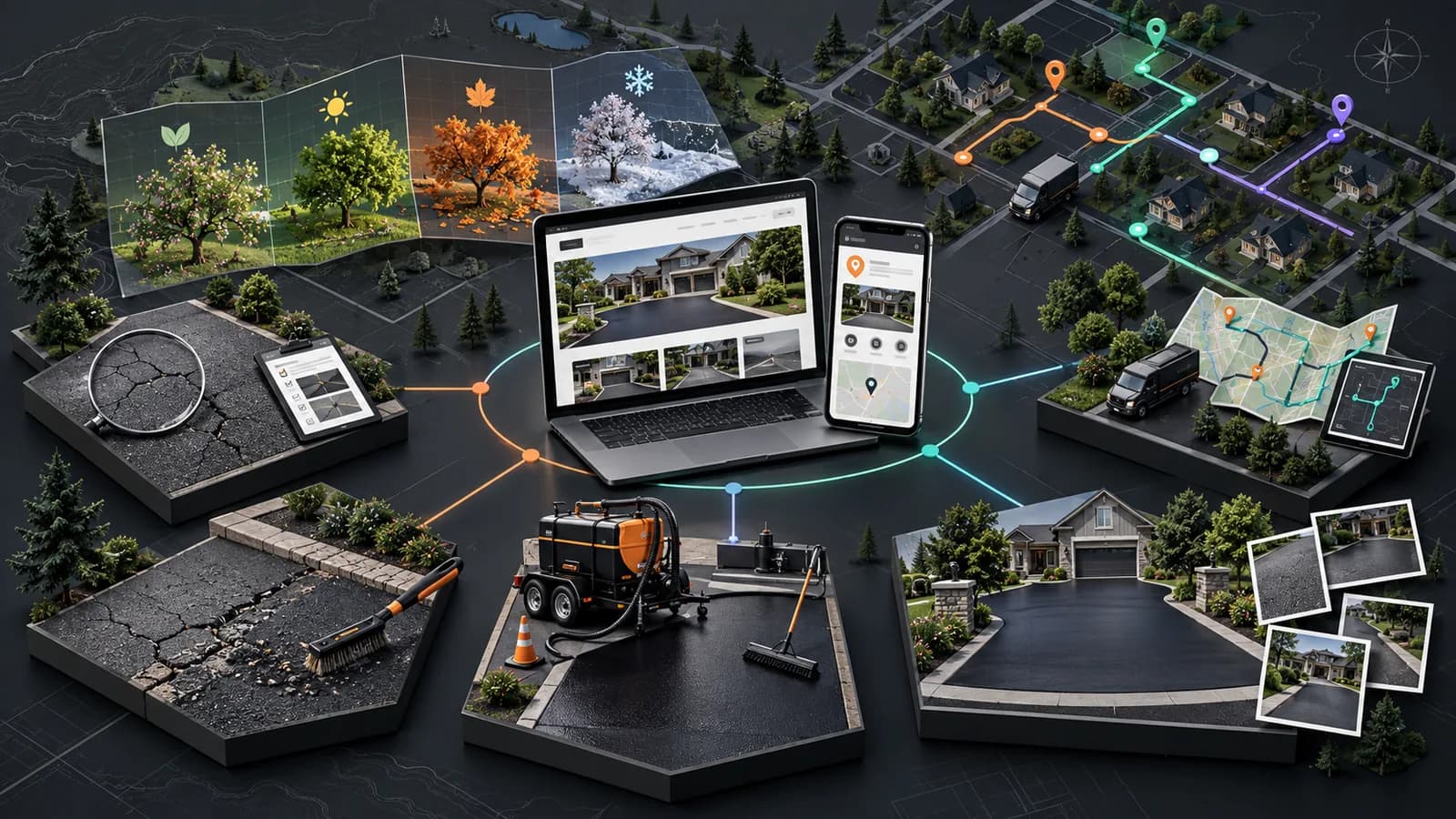 Illustrative driveway sealcoating local marketing system connecting inspection, preparation, equipment, project documentation, seasonality, and fictional routes.