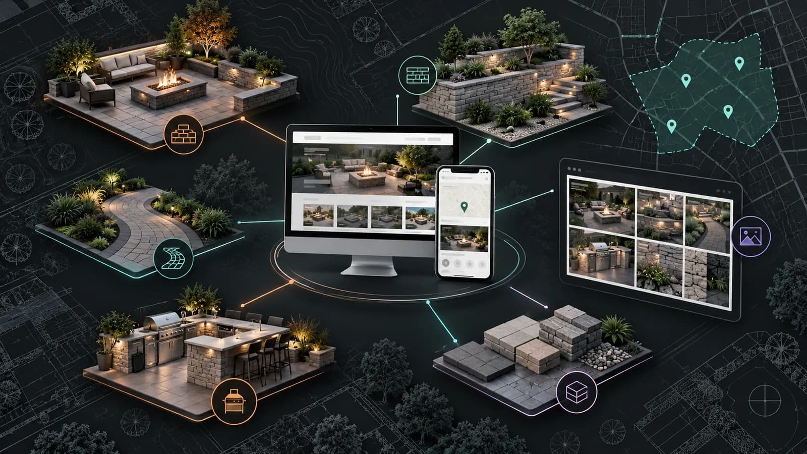 Illustrative hardscaping local marketing system connecting patios, retaining walls, walkways, outdoor kitchens, materials, project galleries, and fictional service areas.