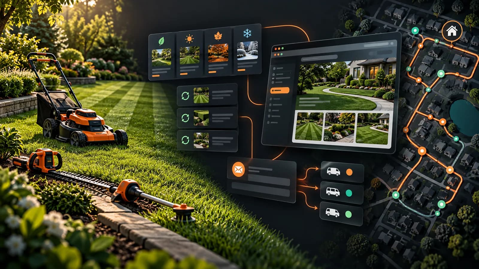 Illustrative lawn care local marketing system connecting mowing and trimming services, seasonal service details, project photos, inquiry routing, and fictional neighborhood routes.