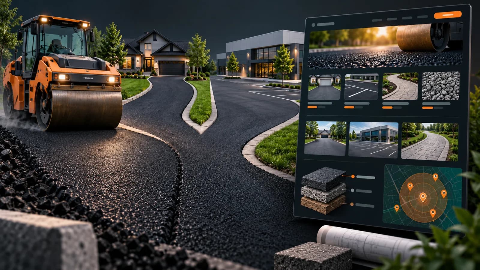 Illustrative paving contractor local marketing system connecting residential driveways, commercial parking areas, pavement layers, project galleries, and fictional service areas.