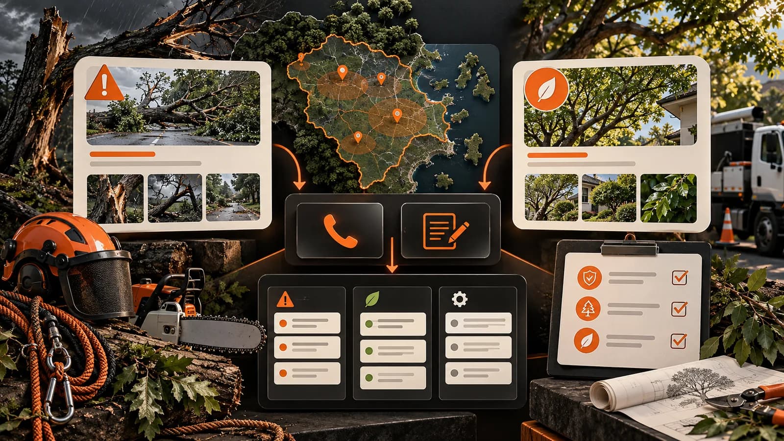 Illustrative tree-service local search system separating urgent storm work from planned care, with fictional service-area mapping, project evidence, contact paths, and inquiry triage.