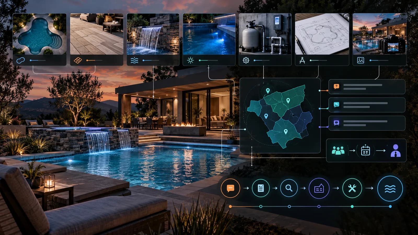 Illustrative pool-builder SEO system connecting pool design, decking, water features, lighting, equipment, project photography, fictional coverage, buyer questions, and consultation measurement.