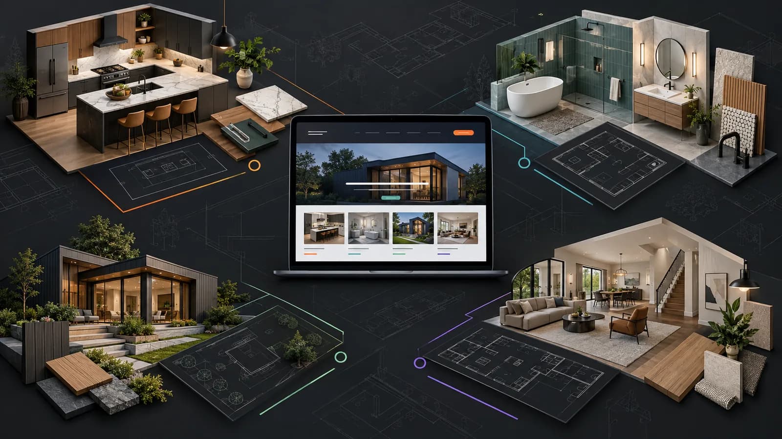 Illustrative remodeling contractor website connecting kitchen, bathroom, addition, and whole-home project galleries with planning details.
