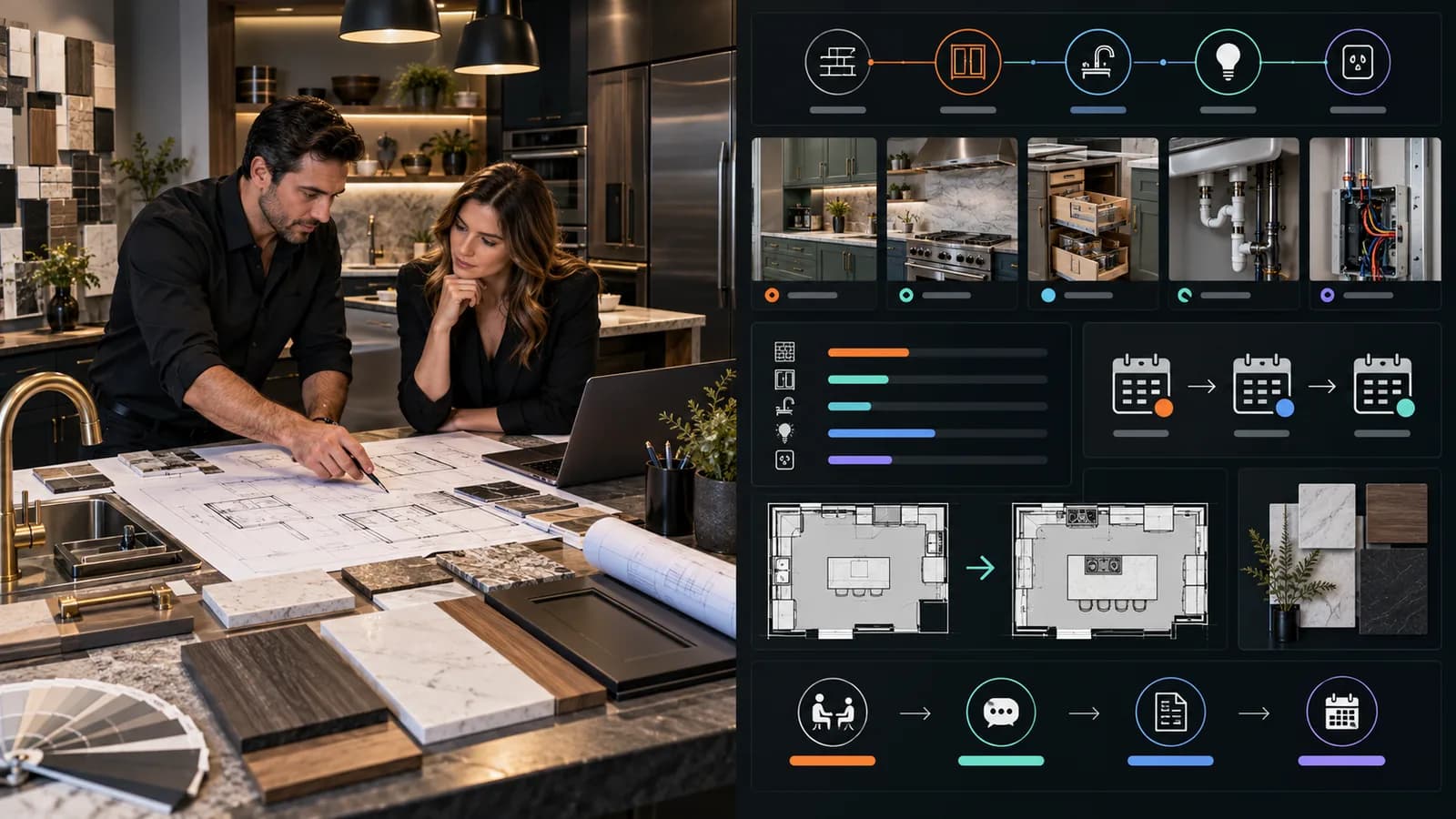 Illustrative kitchen remodeler content system organizing cabinetry, counters, layout, plumbing, electrical, documented scope variables, update timing, and consultation routing.