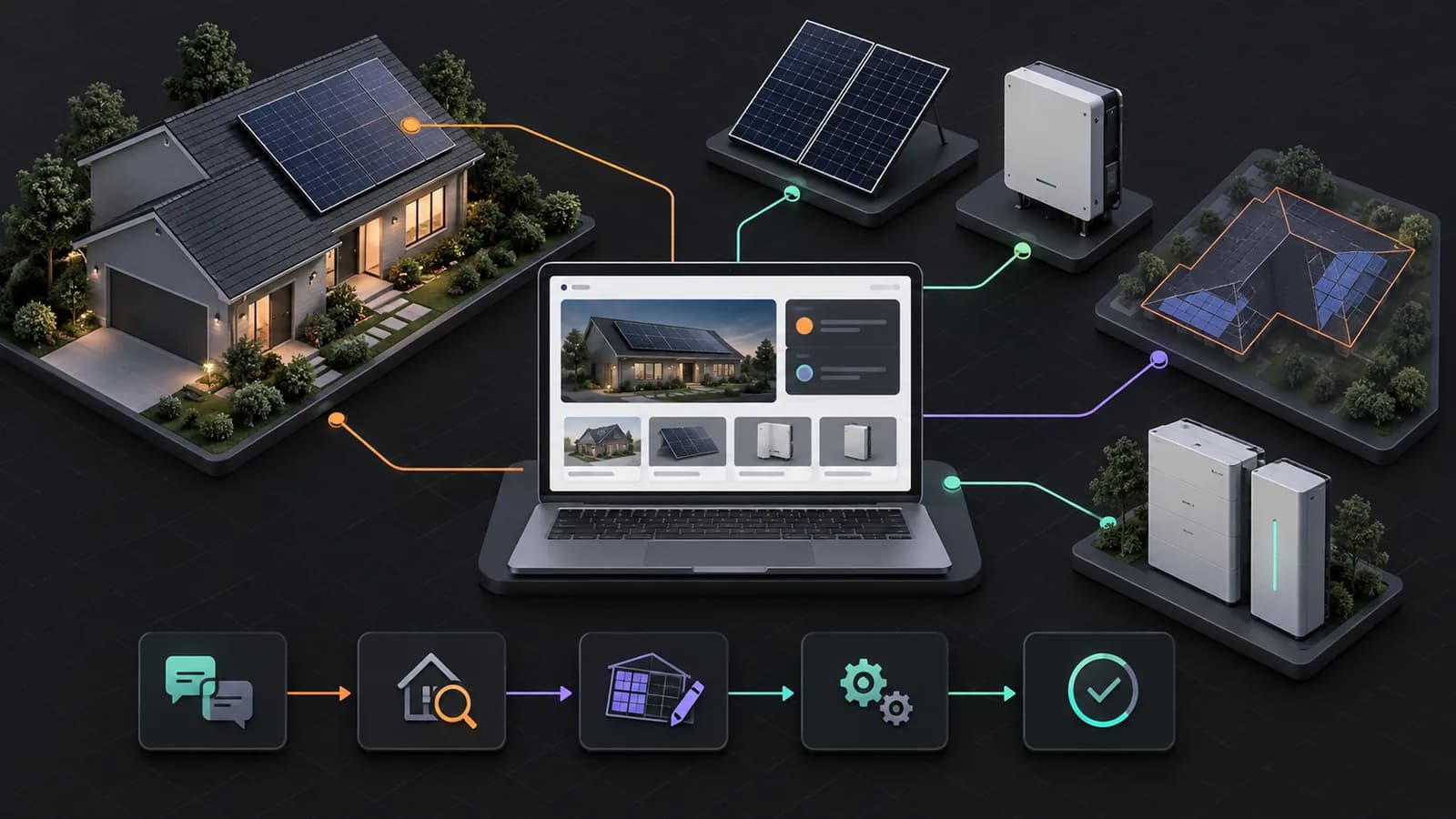 Illustrative solar installer website connecting rooftop planning, panel and inverter components, battery storage, and a consultation path.