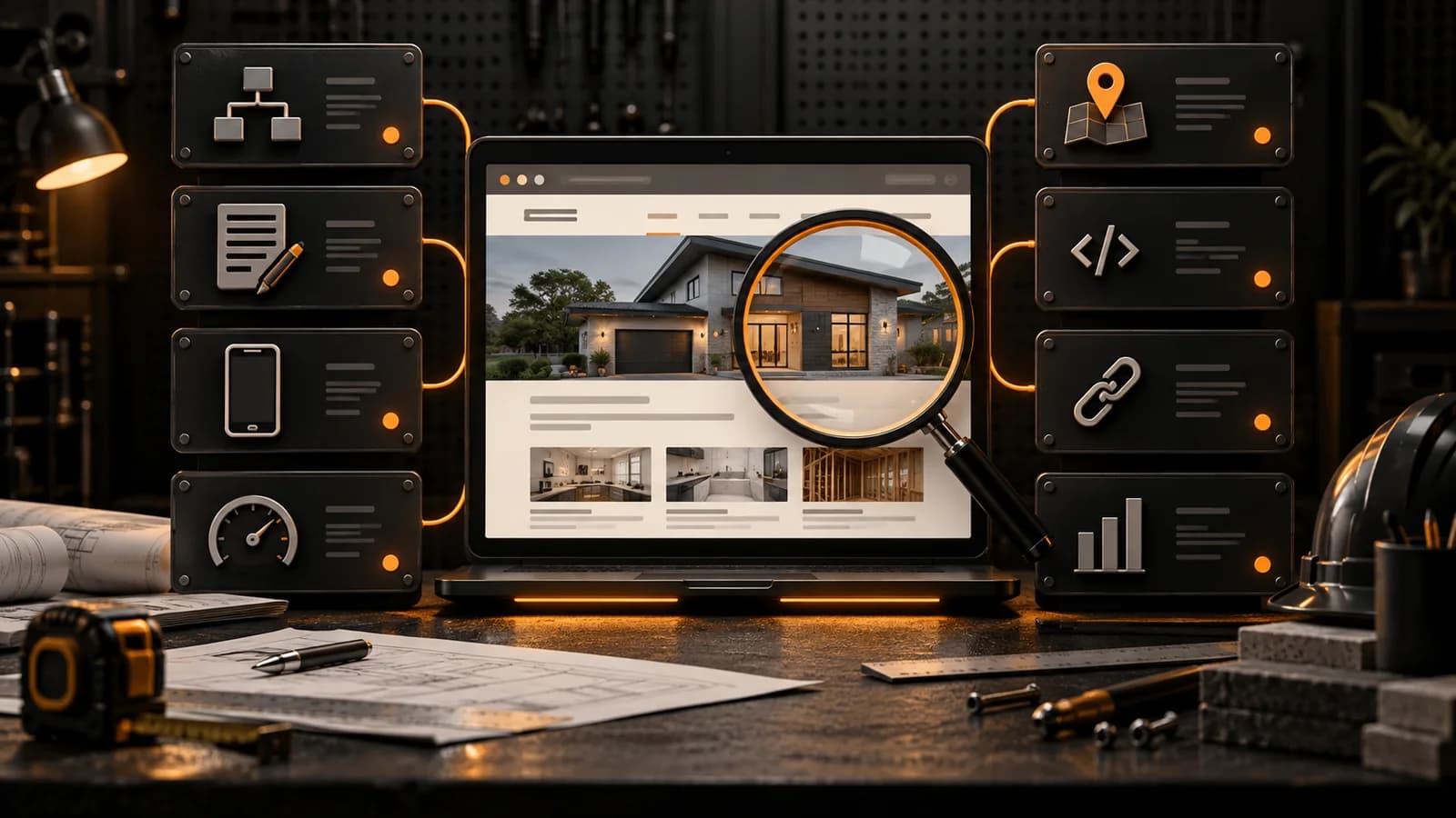 Illustrative contractor website diagnostic reviewing site structure, service content, mobile layout, speed, local signals, structured data, authority, and measurement.