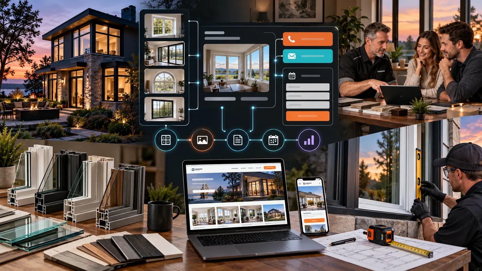 Illustrative window replacement website system connecting window styles, frame and glass choices, project evidence, responsive pages, estimate requests, scheduling, and measured follow-up.