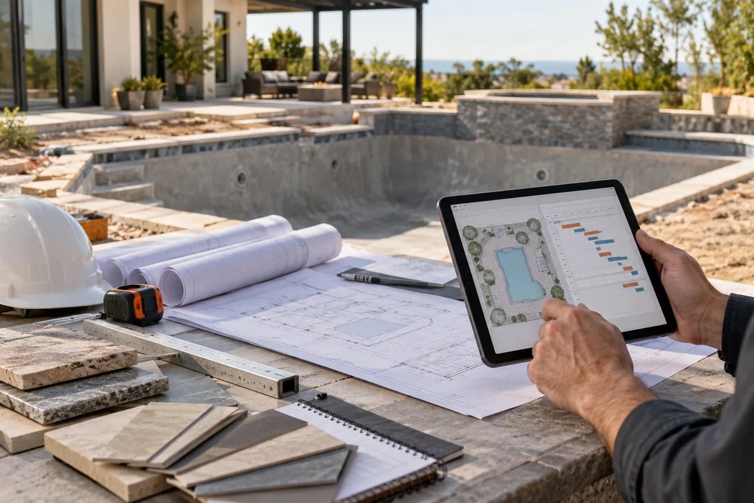 Pool estimator reviewing a site plan and project schedule beside an organized residential pool construction site