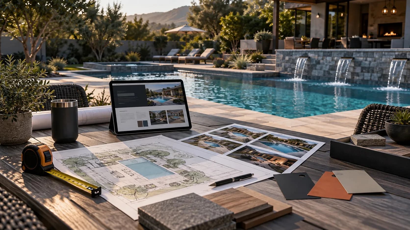 Pool-builder planning table with a site plan, material samples, project photographs, and a website layout beside a finished custom pool