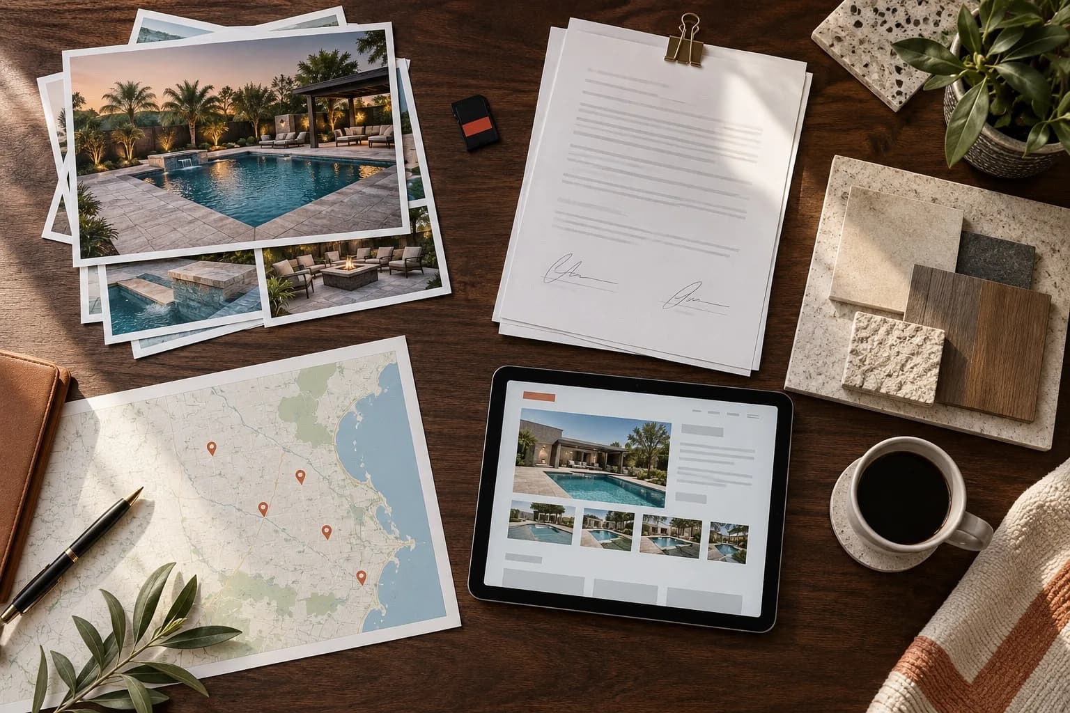 Organized pool-project photographs, permission papers, service-area map, material samples, and a tablet showing a project-page layout