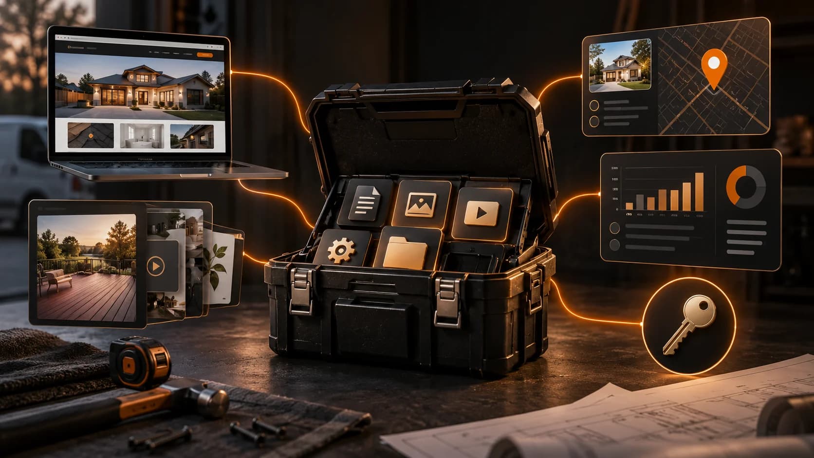 Conceptual owned marketing toolkit connected to a website, local profile, content library, reporting, and an ownership key