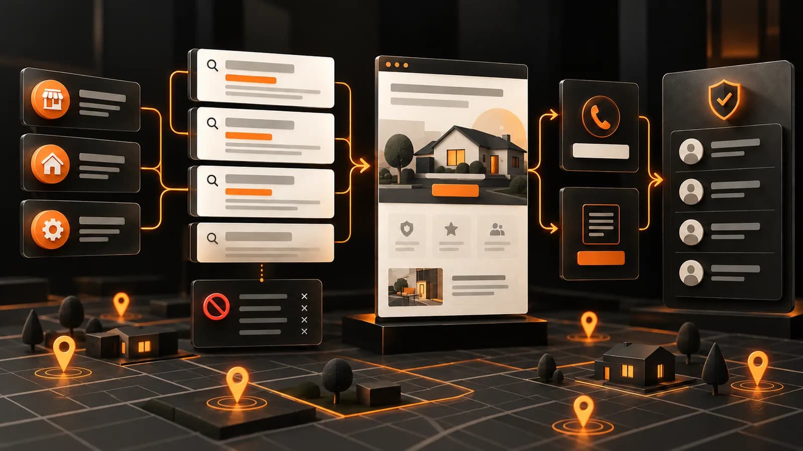 Illustration of home-service ad searches leading to a contractor landing page, calls and forms, and screened leads across a service area
