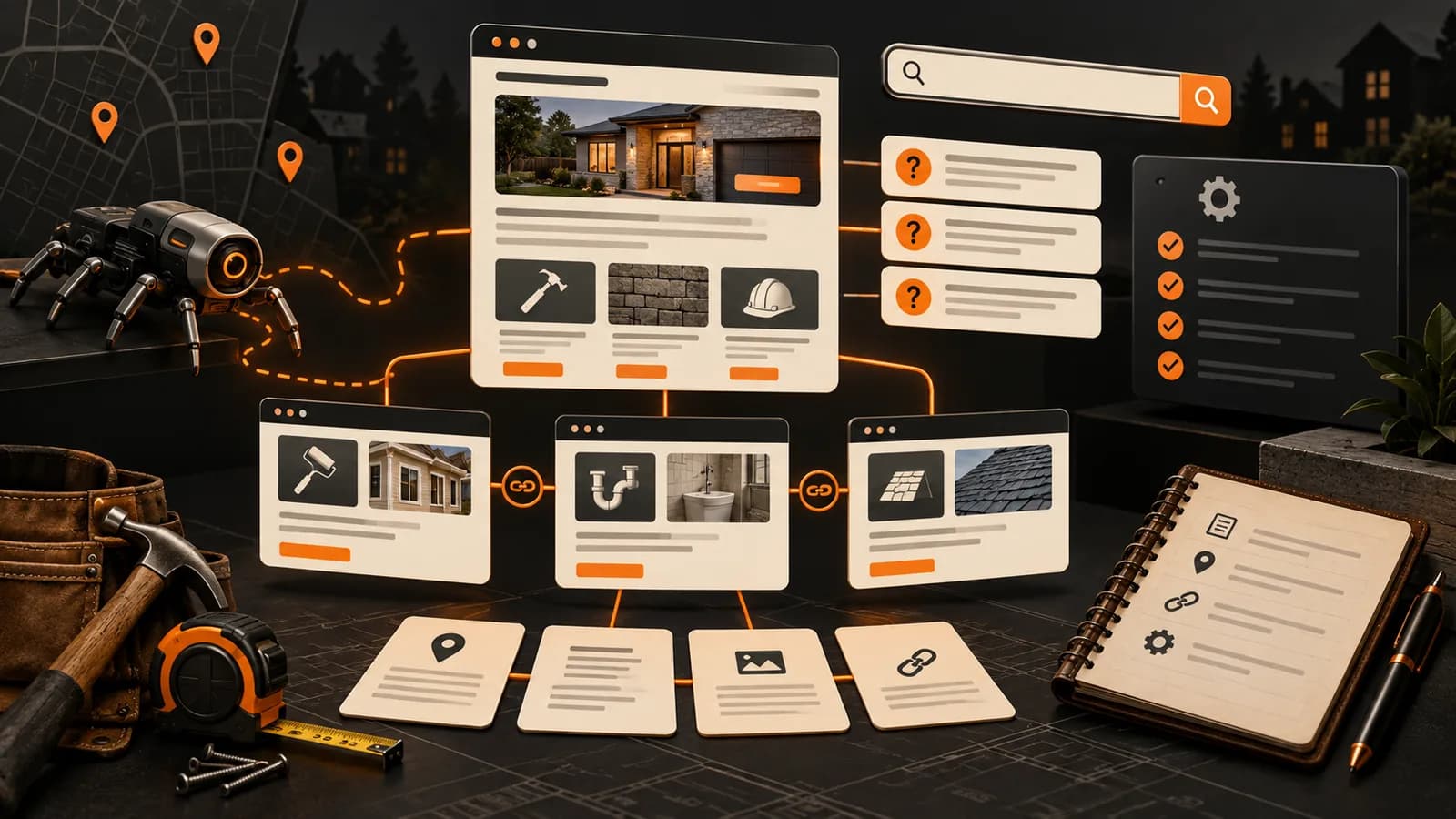 Illustrated website SEO system connecting service pages, buyer questions and technical checks
